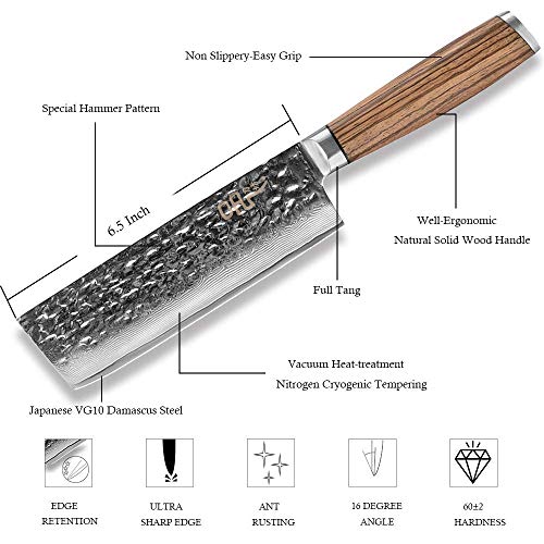 Yi Nakiri Knife 6.5inch Damascus cleaver knife vegetable knife chef knife Japanese Damascus steel kitchen knives with Ergonomic Zebra wood Handle and a beautiful gift box.