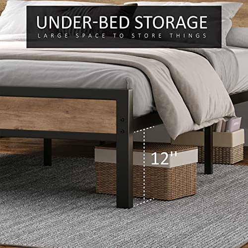 Amerlife Queen Size Bed Frame Industrial Platform Bed With Charging Station, 2-Tier Storage Headboard/No Box Spring Needed/Noise-Free/Rustic Brown (Metalbed14C) #TOP5