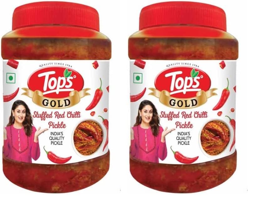 Image of TOPS Gold Pickle Stuffed Red Chilli - 900 gm | Perfect blend of spicy red chillies blended in mustard oil (Pack of 2)
