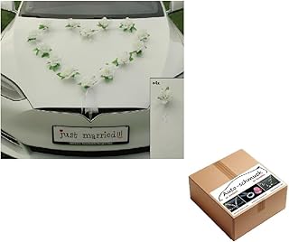 Autoschmuck Organza Herz Auto Schmuck Braut Paar Rose Deko Dekoration Hochzeit Car Auto Wedding Deko Girlande PKW (Weiß/Weiß)