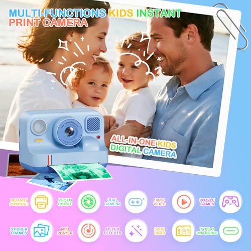 Image of Instant Print Camera for Kids, Christmas Birthday Gifts for Girls Boys Age 3-15, 1080P Selfie Portable Digital Video Camera with 32GB SD Card, 3-Colored Print Paper- Blue