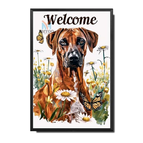 Ymyoo Decorative Tin Sign Sleek Rhodesian Ridgeback Welcome with African Daisies for Home Entries Rhodesian Ridgeback Enthusiast Areas Corrosion Resistant Aluminum 8×12 Inches with Metal Frame