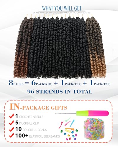 Passion Twist Crochet Hair-Mixed Color Combo Pack(6 packs 1B+1 pack T1B/27+1 pack T1B/30),Pre-twisted Pre Looped Synthetic Braided Hair Extensions For Black Women and Kids(10"-8 Packs,1B+T27+T30)