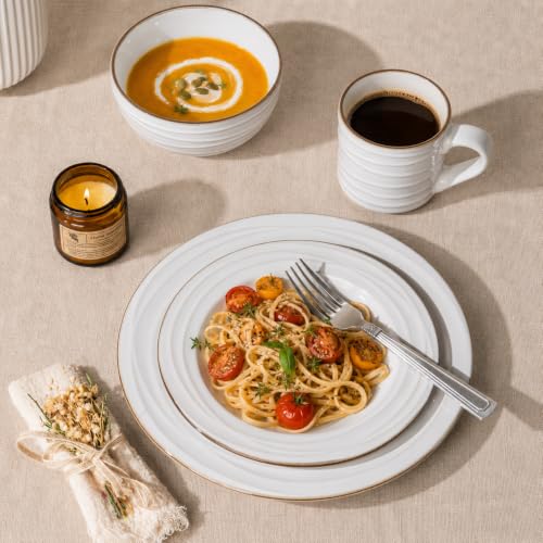Image of GBHOME Ceramic Dinnerware Sets,12 pcs Embossed Elegant Stoneware Plates and Bowls Sets, Housewarming Wedding Gift | Dishwasher & Microwave Safe | Dishes Set Service for 4
