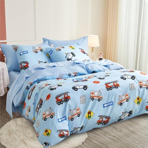 Freyamy Kinder Bettwäsche 135x200 Blau Bunt Cartoon Auto Kinderbettwäsche – Ansicht 4