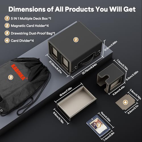 Image of Kabinka Commander Deck Box for MTG with Handle, Multi Deck Case with Large Dice Tray Fits 400+ Double-Sleeved Cards, 5 IN 1 TCG Card Storage Box with Commander Display, 35PT Card Holders (Black Gold)