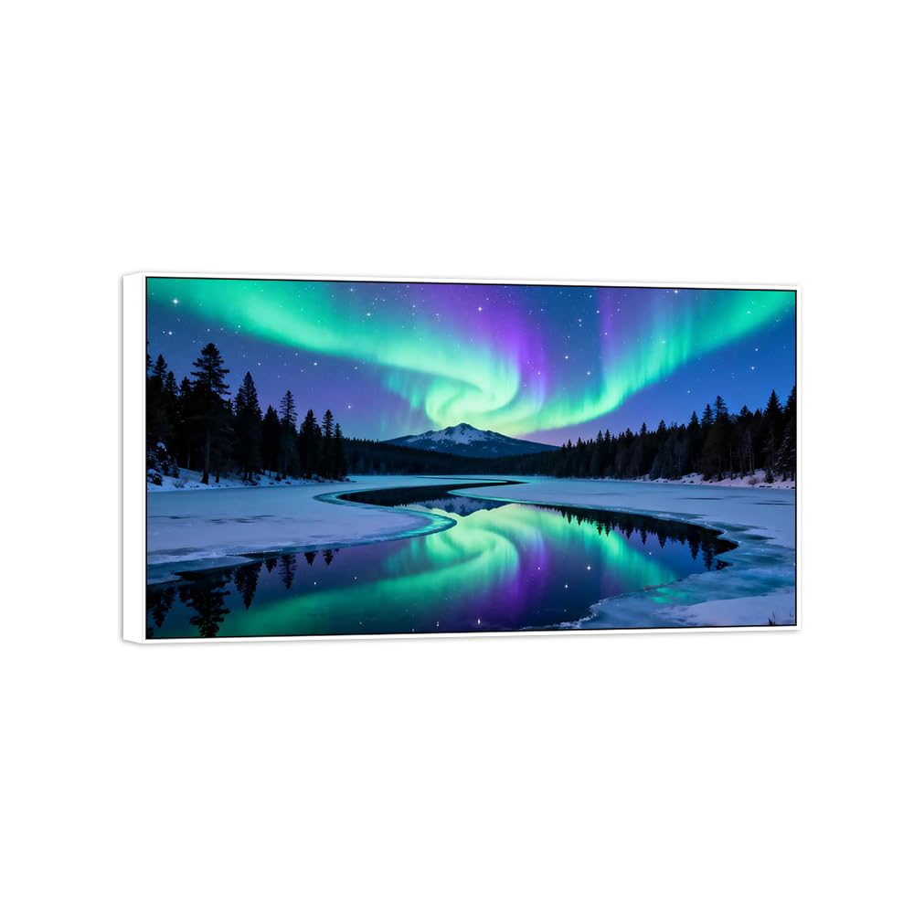 OZPWBVY Aurora Borealis Canvas Print Wall Art Picture-Purple Green River Northern Lights Landscape Painting for Home Decor 8x13in20x35cm White Frame