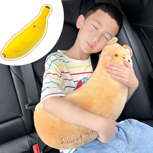 Image of Cute Cartoon Seatbelt Pillow for Kids Travel Seatbelt Cover and Cushion Pillow Plush Cartoon Pillow (Yellow Banana)