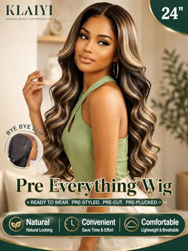 Image of KLAIYI Bye Bye Slip Pre Everything 13x4 Loose Wave Lace Front Ash Brown Platinum Blonde Human Hair Wig with Face Framing Bang Drawstring Glueless Pre Plucked Bleached Knots 30S Wear and Go Wig 22Inch