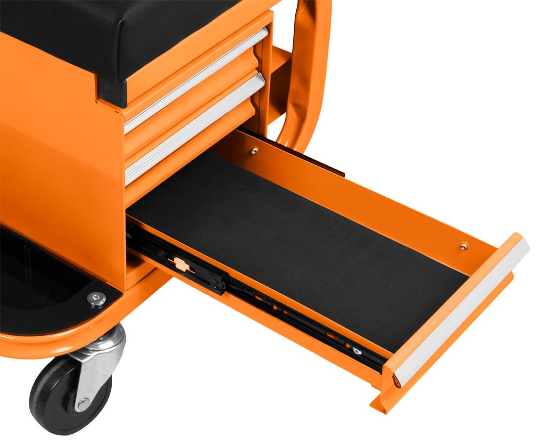 NEO TOOLS Werkstatthocker mit Ablagefläche 38 x 39 x 37 cm mit Rollen Werkstattwagen Werkzeugwagen Werkstatt-Rollsitz Werkstattsitz fahrbar mit 4 Rollen und 3 Ablagen