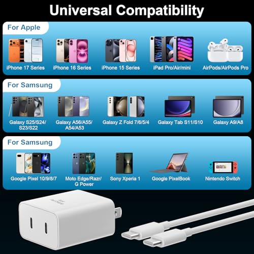 Image of iPhone 17 16 15 Pro Max Charger Fast Charging,45W Dual Port USB C Fast Charger Block [2-Pack] & Extra Long 60W 3 /6 /6 /10FT USB C Cable - PD Quick Adapter 3.0 for iPhone 16 15 17 /16 15 17