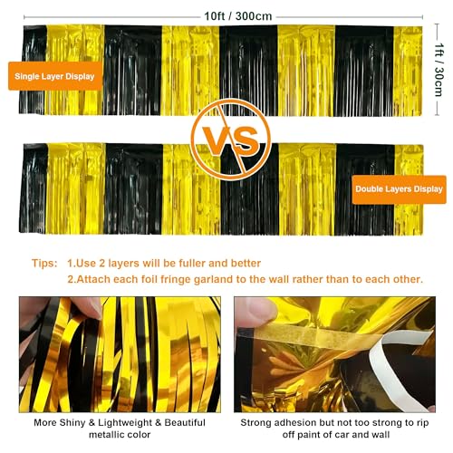 Image of 4 Pack 39 Feet Black Gold Foil Fringe Garland Metallic Tinsel Streamers Banner Fringe Curtain Banner for Parade Floats Halloween Graduation Homecoming Birthday Party Decorations (Black, Gold)