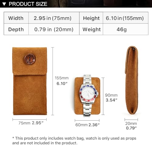 Image of CONTACT'S FAMILY Genuine Cow Suede Leather Watch Pouch, Travel Storage Case for 1 Watch with Wooden Button Closure & Microfiber Separator, Vintage Portable Organizer (Brown)