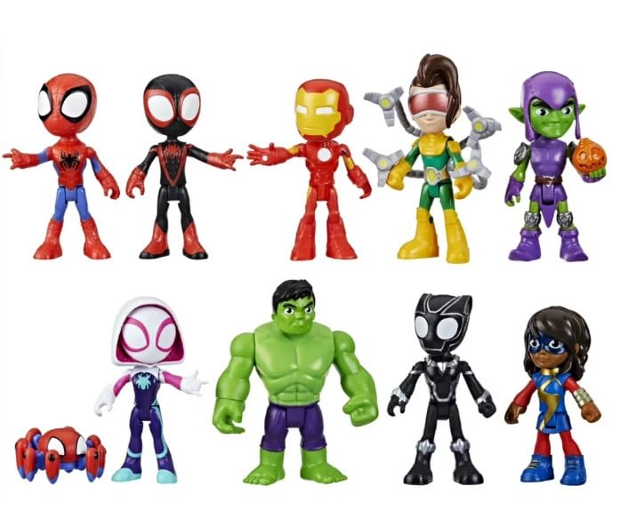 Toys+ Marvel Spidey & His Amazing Friends Action Figures, Multi-Color Plastic, 4-Inch, 10-Pack Collection Set, Ages 3+, Cartoon Theme