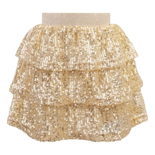 Bezioner Pailletten Glitzer Rock Mädchen Glänzende Rüschenrock A-Linie Prinzessin Karneval Party Rave Outfit Gold 150