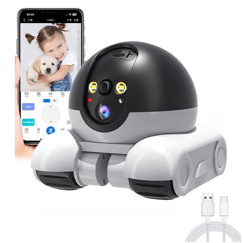 Telecamera di sicurezza domestica per animali domestici, 1080P, telecamera mobile per interni, conversazione a 2 vie, rilevamento del movimento, visione notturna, telecamere mobili wireless con