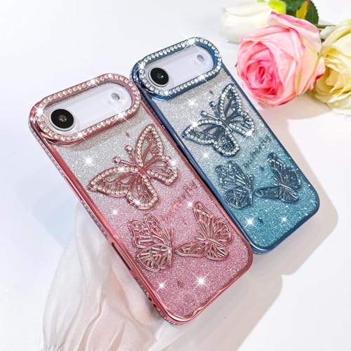 Image of Elzzi Compatible with iPhone 17 Air Case, Luxury Electroplated Butterfly Glitter Back Cover, Pearlescent Diamond Soft TPU Shockproof Protective Case, Stylish Phone Cover for Girls & Women, Black