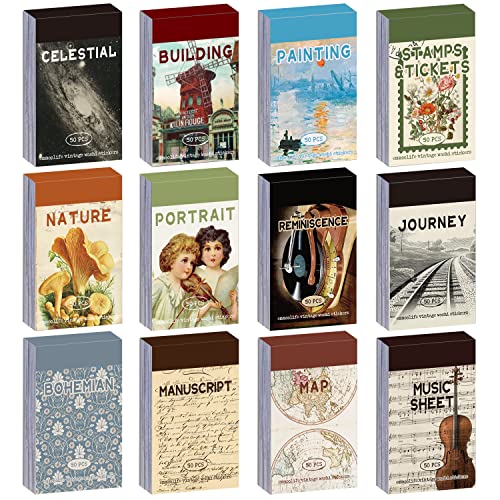 Image of 12 Sets 600 Sheets Washi Stickers for Journaling, Map Nature Celestial Portrait Boho Stickers Vintage Aesthetic Scrapbook Sticker Set for Bullet Journal Art Diary Card Craft Gifts Planner Notebook