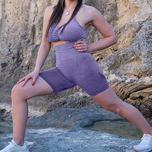 Short de yoga froncé pour femme - Taille haute - Contrôle du ventre - Leggings texturés, #01 Seamless Purple, Taille XL – vue 5