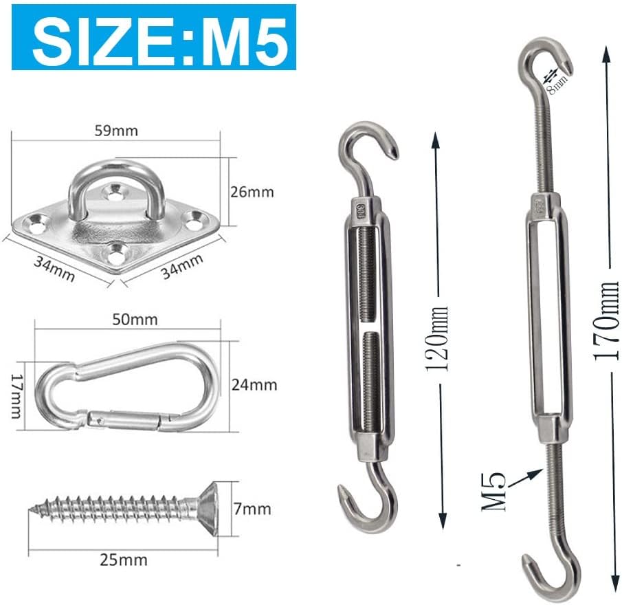 Shade Sail Hardware Kit, Stainless Steel Awning Attachment Set, Sun