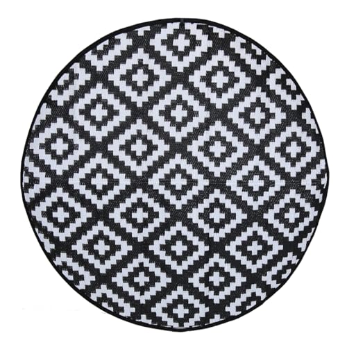 CHARLES BENTLEY Tapis Rond extérieur Noir, Motifs géométriques, imperméable, Plastique recyclé, Jardin, Balcon, BBQ, Plage, UV, tissé Plat (150x152cm)