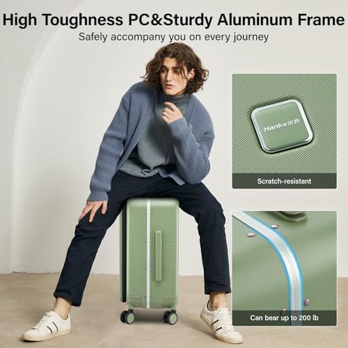 Image of Hanke Carry On Luggage 22x14x9 Airline Approved Spinner Wheels, Top Open Hard Shell Suitcases with Cup Phone Holder and Charger 20 Inch Travel Luggage, Bamboo Green, Carry On 20-Inch, Checked Luggage