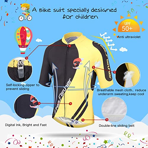 FREE FISHER Cycling Jersey Kids,Short Sleeve Cartoon Road Mountain Bike Jersey Set/Top/Short for Girls Boys Breathable,Jersey Set Yellow,6-7 Years