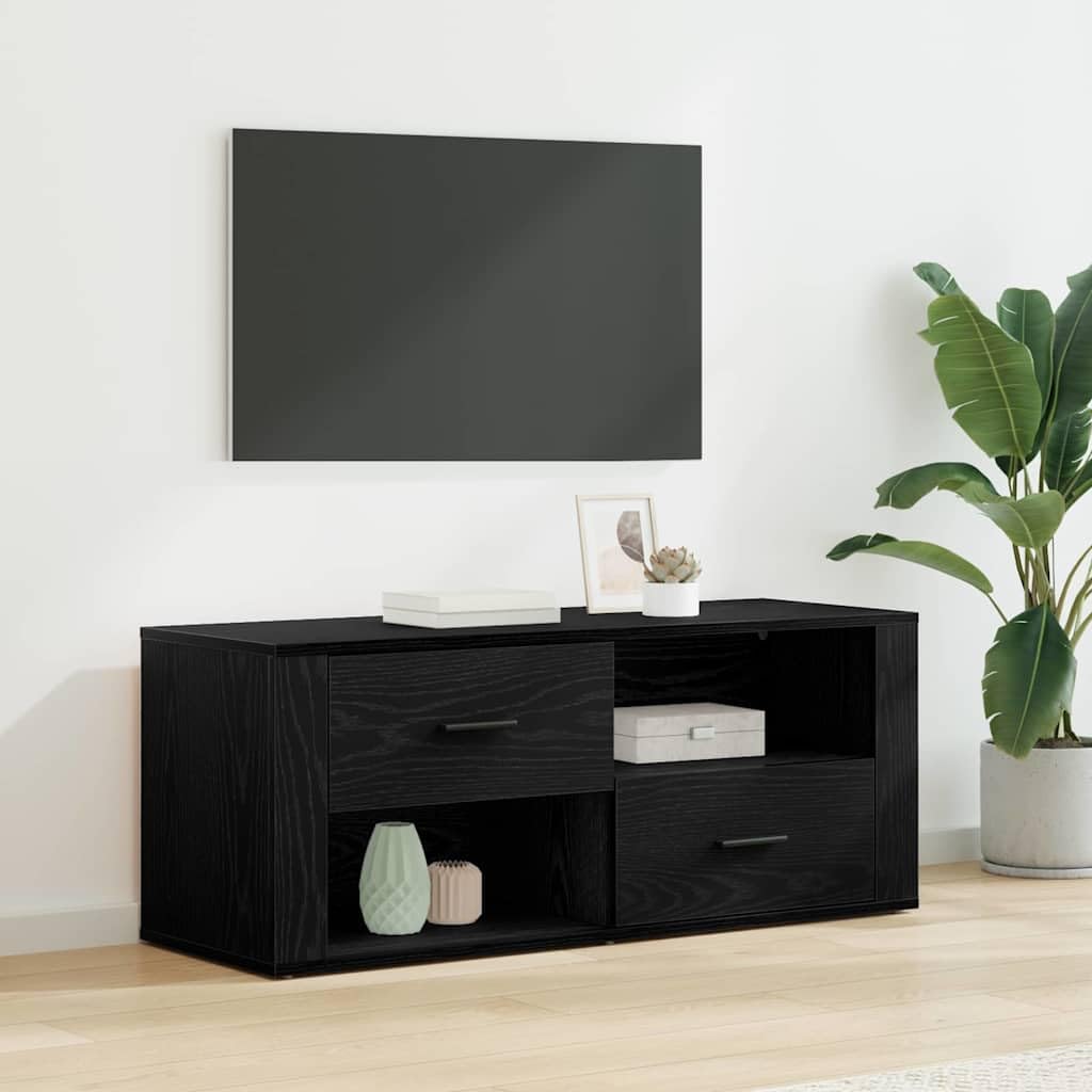 TV Lowboard Schwarz Eiche 100 x 35 x 40 cm Holzwerkstoff mit Schublade Modernes Design Kugellager Robust & Langlebig für Wohnzimmer Flur Schlafzimmer