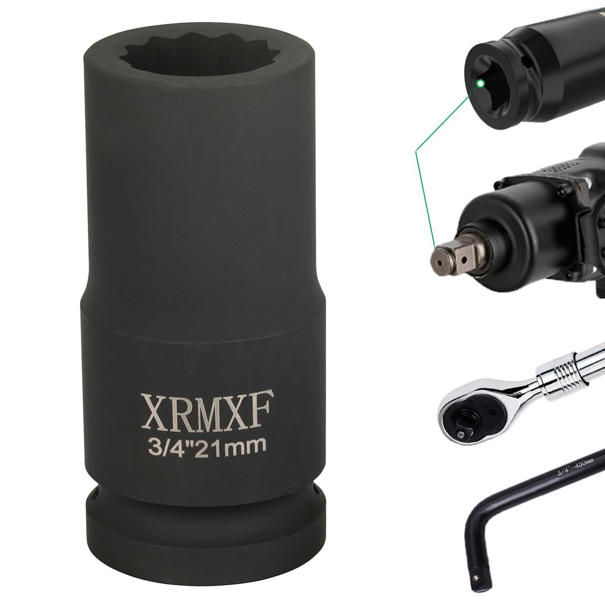 Set di chiavi a bussola da 3/4", 3 pezzi, 17, 19, 21 mm, dadi Cr-Mo | set da 12 punti