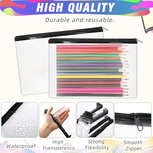 Image of Feifeiya 48 Pcs Clear PVC Pencil Pouch Bulk 8.66 x 5.71 Inch Soft Pencil Case Bag Transparent Zipper Pouch for Study School Supplies Travel Storage (Black)