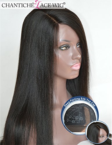 Chantiche Silk Top Yaki Straight Right Deep Invisible Parting Lace Front Wigs For Black Women Natural Looking Glueless Brazilian Remy Human Hair Lace Wig 16 Inch #1B