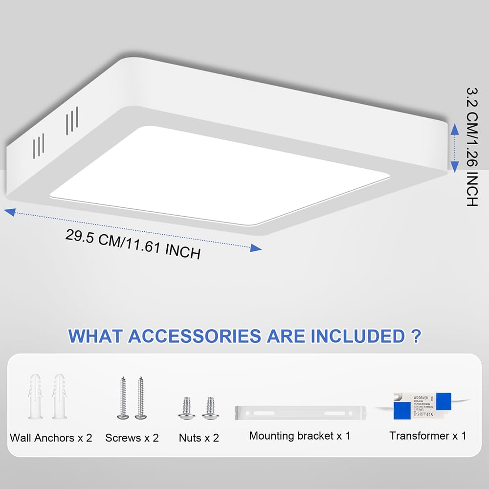 YELANGU LED Ceiling Light Square 24W 11.61" Ultra Flat, 6500K Cool White, Modern LED Panel Light, Non-Dimmable, for Living Room Bedroom - Image 2