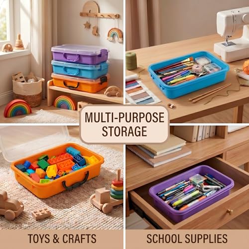 Image of FIIOEOY 3 Pcs Sensory Bin Sand Tray with Lid & 3 Stickers, Stackable Storage Sensory Bin Containers with Lid, Portable Sandbox Organizers for Toys, Sand, Arts, Crafts (Purple, Blue, Orange)