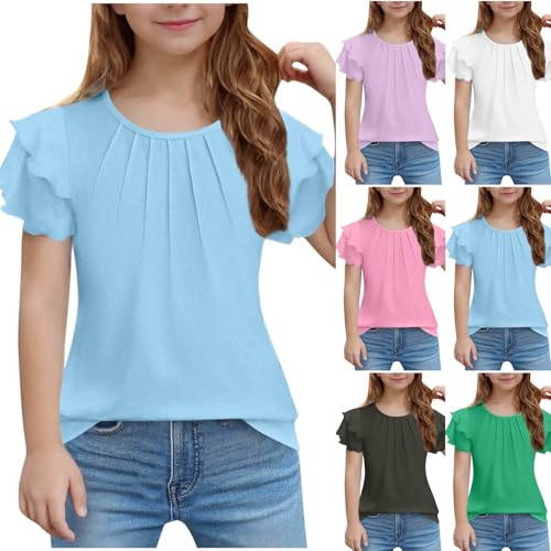 Girls Tshirts Ruffles Short Sleeve Plain Pleated Crew Neck T Shirts Tops Teen Kids Loose Fit School Casual Tees