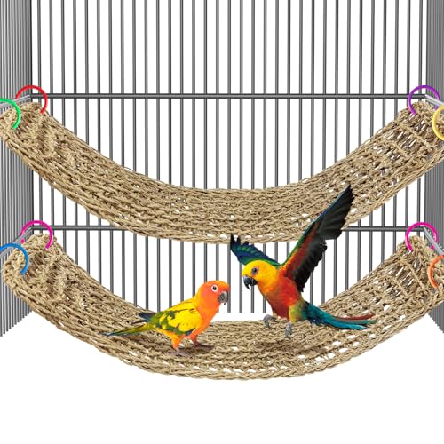 Arfubye 2Pcs 29.5 x 7 inches Large Bird Seagrass Mat Grass Woven Net Parrot Hammock Mat Parakeet Climbing Rope Ladder with Hooks Bird Cage Accessories for Conure Cockatiel Budgie Macaw Bearded Dragon