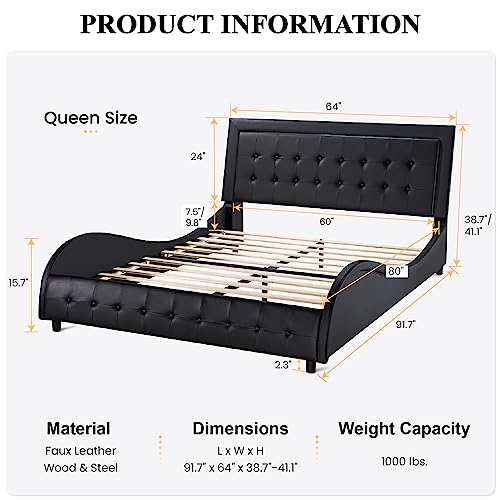 Sha Cerlin Queen Size Box-Tufted Platform Bed Frame/Faux Leather Upholstered Bed Frame With Adjustable Headboard/Wood Slat Support/Wave-Like Modern Bed/Low Profile/Black #TOP1