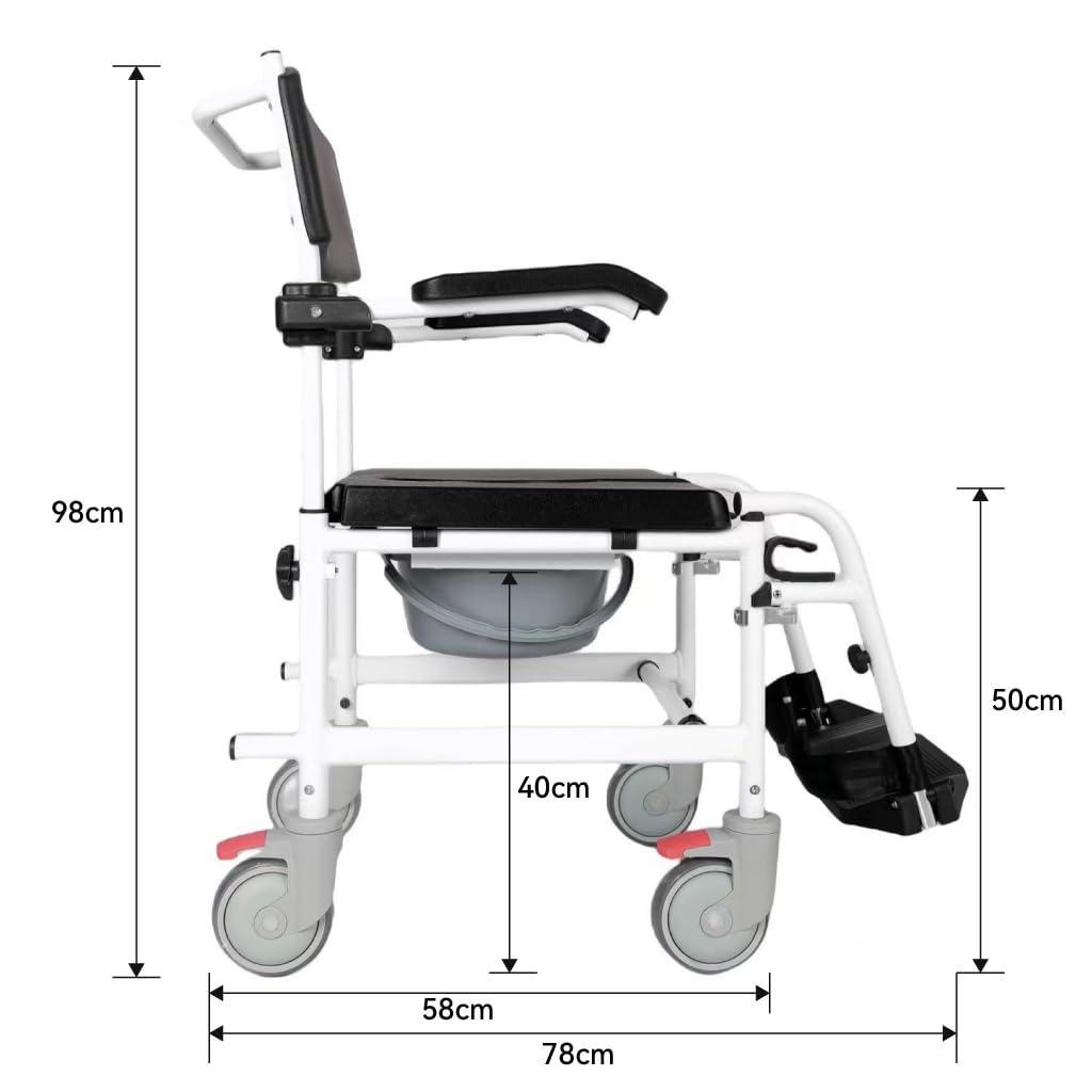 Akriva fahrbarer Toilettenstuhl aus Aluminium - Mobiler Nachtstuhl mit gepolsterter Sitzfläche und Eimer - Toilettenrollstuhl - Zimmerrollstuhl (Feste Sitzhöhe)