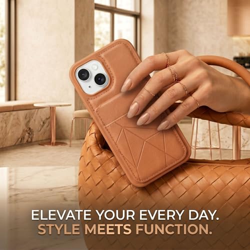 Image of amazon basics Premium Vegan Leather Back Cover with Card Holder and Integrated Mobile Stand for iPhone 15 - Slim Shockproof Wallet Case with Geometric Stitching [Tan]