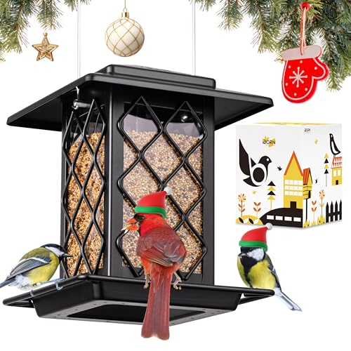 iBorn Bird Feeders for Outdoors, Metal Bird Feeder, Wild Bird Feeders for Cardinal, 2.4LBS Capacity,18cm Large Roof, Lantern Style, Black