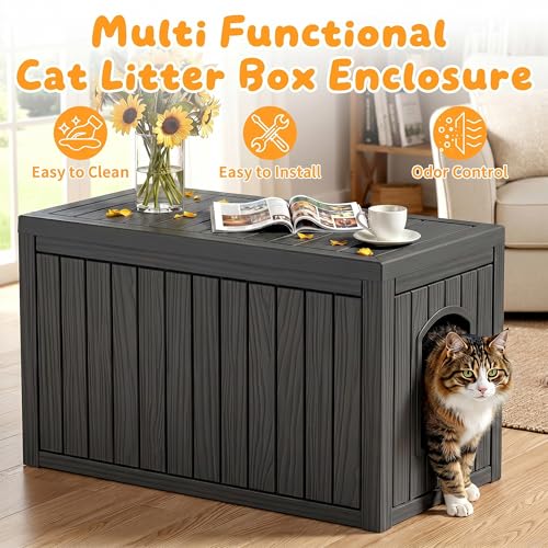 Image of Cat Litter Box Enclosure,Multi-Functional Hidden Litter Box Furniture Cabinet with Adjustable Partition & Side End Table, Indoor Outdoor Cat House with Double Doors,Easy to Clean & Assemble, Black