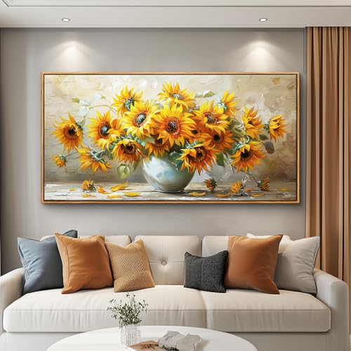 PHAOHUAXM Large Canvas Wall Decor For Living Room Wall Art Vintage Printing Yellow Flower Paintings Dining Room Bedroom Bathroom Kitchen Wall Painting Home Decor Wood Frame Ready To Hang 24x48 In