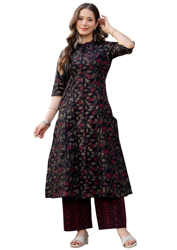 Ensemble kurta en pur coton noir et palazzo fluide taille M pour femme
