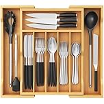 Lifewit Cutlery Drawer Organiser, Extendable Cutlery Tray for Kitchen Drawers Insert, Wood Utensil Holder Adjustable Storage for Spoons Forks Knives, 33-57x38cm, Natural