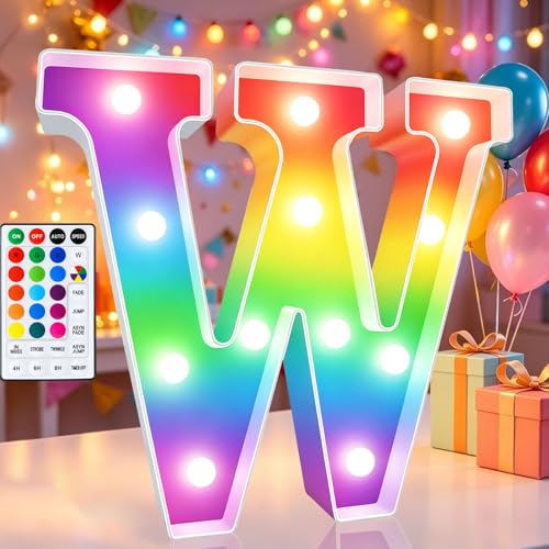 Image of LED Marquee Letter Lights, 18 Colors Changing Light Up Letters with Remote, RGB Alphabet Letters Sign for Girls Boys Gift Birthday Party Night Light Bedroom Wedding Christmas Decor-Colorful W