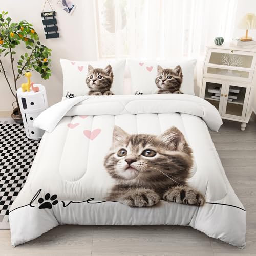 AILONEN 3D Kawaii Cat Comforter Set, Full, 3 Pieces