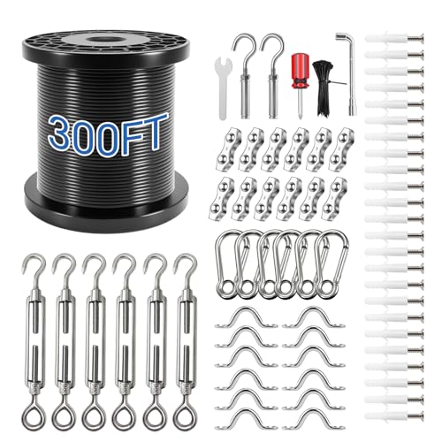 UZE String Light Hanging Kit with 300 FT Nylon-Coated Stainless Steel Wire Rope Cable and Comprehensive Range of Accessories Globe String Light Suspension Kit for Outdoor Decor