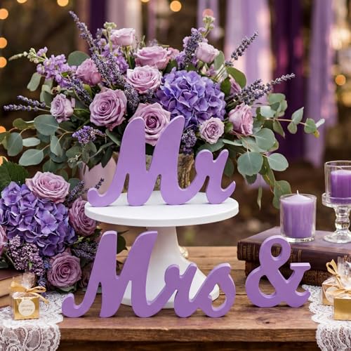 AceOrbit Purple 3 Pcs Mr & Mrs Sign Table Decor Sweetheart Mr and Miss Wooden Letters Freestanding Wedding Sign Rustic Table Centerpieces for Wedding Party Photo Booth Props Decorations Supplies