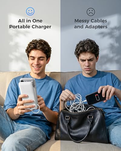 Image of VEGER Portable Charger with Built-in AC Plug and Cables, All in One 10000mAh Ultra Slim Power Bank Travel Essentials, USB C External Battery Pack Compatible with iPhone, Samsung, More, White