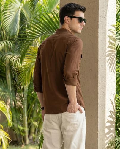 Image of IndoPrimo Men's Cotton Shirt with Stylish Flap Pockets Full Sleeves Spread Collared Neck Solid Pattern Western Style Classic Fit and Standard Length