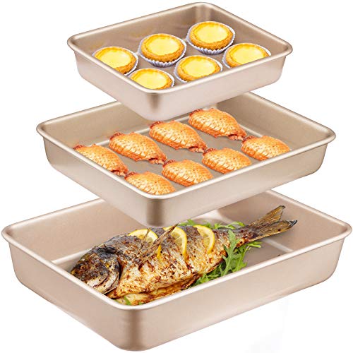 Angiemic Nonstick Set of 3 Pieces Baking Pans Cookie Sheets 9/11/13 inch Bakeware Bread Pan Carbon Steel Cake Pans Bread Tray Bake Mold Roasting Pan Cooking Oven Toaster Pan Golden